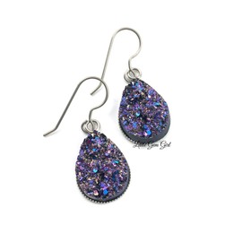 Metallic Purple Rainbow Faux Druzy Teardrop Earrings - 13x18mm Tear Drop Titanium and Surgical Stainless Steel, Nickel Free for Sensitive Ears