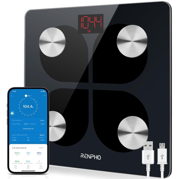 RENPHO Rechargeable Smart Scale, Digital Weight and Body Fat USB Weight BMI Scale, Elis 1 Body Composition Monitor with Smartphone App sync with Bluetooth, 396 lbs