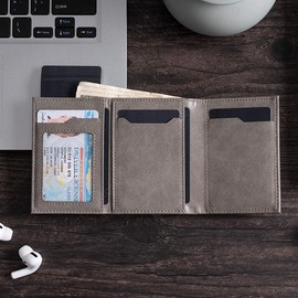 premitem Men's Small Mini Wallet Slim Wallet with Coin Compartment & RFID Protection Credit Card Holder Leather Card Holder Genuine Leather Card Wallet, silver, Minimalist