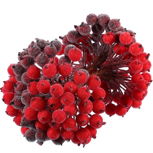 Tatuo Künstliche Bereifte Holly Beeren Gefälschte 12 mm Mini Weihnachten Frucht Beeren Blume Deko (Rot und Dunkelrot, 400)