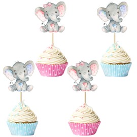UXYOKM 24Pcs Gender Reveal Cupcake Toppers Pink or Blue Elephant Cupcake Picks for Elephant Theme Baby Shower Kids Boy or Girl Birthday Party Decorations Supplies