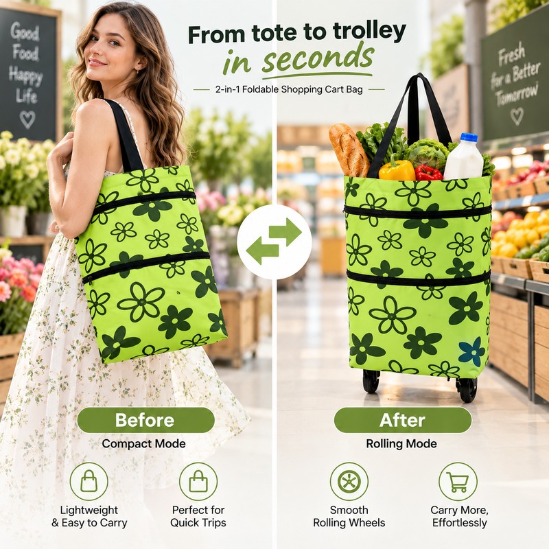 Foldable Wheeled Shopping Bag for Groceries – Expandable Tote-to-Rolling Design