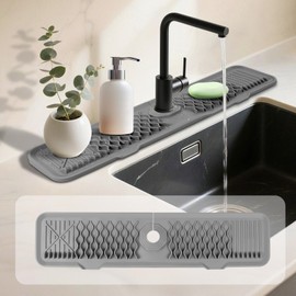 UOSHXAH 24 Inch Faucet Mat for Kitchen Sink ，5°Slope Fast Draining Silicone Mat, for Kitchen Sink Splash Guard, Bathroom Faucet Draining Gadgets (Grey, 24" x 5.7")