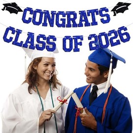 Congrats Class of 2026 Banner, You Did It/Congrats Grad Bunting Sign, 2026 High School College Graduation Party Decorations Supplies Blue & Black Glitter