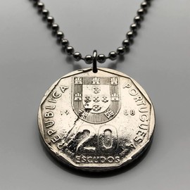 1988 Portugal 20 Escudos coin pendant Portuguese nautical compass Quinas caravela ship navigation Vasco da Gama Age of Discovery Lisbon Porto Braga Sintra Aveiro Amadora Coimbra Faro Algarve n000887