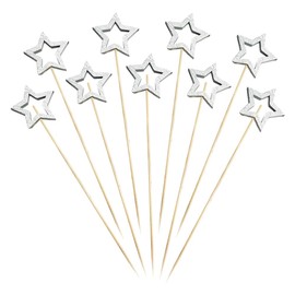 JIHUOO 50 Pcs Christmas Cocktail Picks Wooden Star Food Picks Wood Decorative Toothpicks Fruit Drinks Skewer Sticks Party Supplies for Wedding Baby Shower Silver