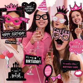 36pcs Birthday Photo Booth Props Birthday Party Favors Supplies Funny Selfie Props with Real Glitter Designs for Party Decor (Pink)