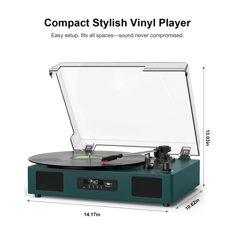 Vinyl Record Player with Built-in Speakers, USB Recording, Dark Green