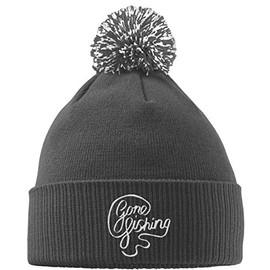 Hippowarehouse Gone Fishing Embroidered Beanie Hat with Bobble Grey
