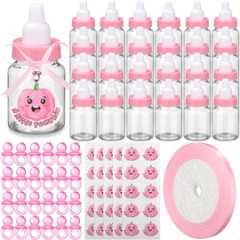 Threlaco 145 Pcs Pumpkin Gender Reveal Baby Shower Favors 48 Mini Milk Bottles Plastic Candy Bottle 48 Mini Pacifiers 48 Fall Pumpkin Stickers 1 Roll Ribbon for Birthday Party Games Decorations(Pink)