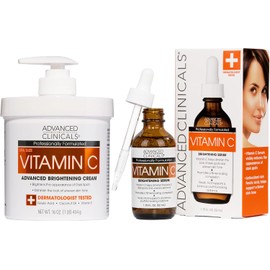 ADVANCED CLINICALS 2 PACK SET - CREMA CORPORAL VITAMINA C ILUMINACION AVANZADA CON A. FERULICO, ACEITE DE COCO Y VITAMINA E + SUERO FACIAL VITAMINA C ANTIEDAD ACLARANTE CON ACIDO FELURICO 454GR/52ML