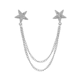 Double Rhinestone Stars Brooch Pin for Women Girls Men Silver Gold-Toned Fashion Crystal Starles Tassel Chain Brooches Lapel Pins Dress Accessories Dainty Dancing Party Ceremony Banquet Decor Jewelry (Silver)