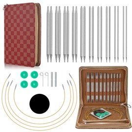 Interchangeable Circular Knitting Needles Set, 10 Pairs Portable Stainless Steel Knitting Needles (2.8-6.0 mm), Removable Sweater Knitting Needle Tools Set with Red PU Knitting Needle Bag