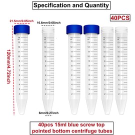 HUAZIZ Centrifuge Tubes, 15 ml, Cone, Test Tubes, Plastic Centrifuge Tubes, Blue with Screw Cap, Graduated Sample Container, Sample Tubes for Laboratory, Chemistry, Experiments, Pack of 40