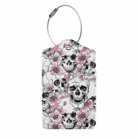 Numland Luggage Tag Skull Flowers Pink Cherry,Stainless Steel Ring Leather Luggage Tag for Travel Bag Suitcase