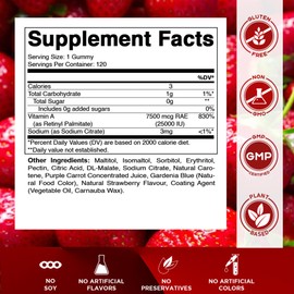 Vitamatic Sugar Free Vitamin A 25000 IU Gummies (Retinyl Palmitate) - Natural Strawberry Flavor - 120 Pectin Based Gummies (1 Bottle)
