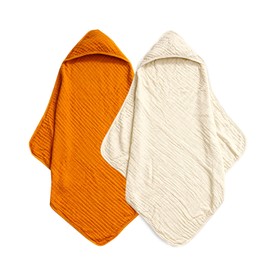 david's kids 2 Pack Hooded Baby Towels, 100% Muslin Cotton Baby Bath Towels, Ultra Soft Breathable Absorbent Towels for Infant Toddler and Kids, Newborn Essentials, Large 32x32Inch, Beige & Ginger