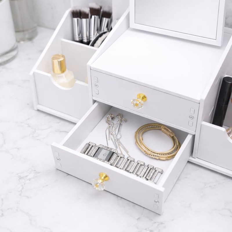 Polpcygne Makeup Organizer with Square Mirror, Vanity Organizer with Drawers