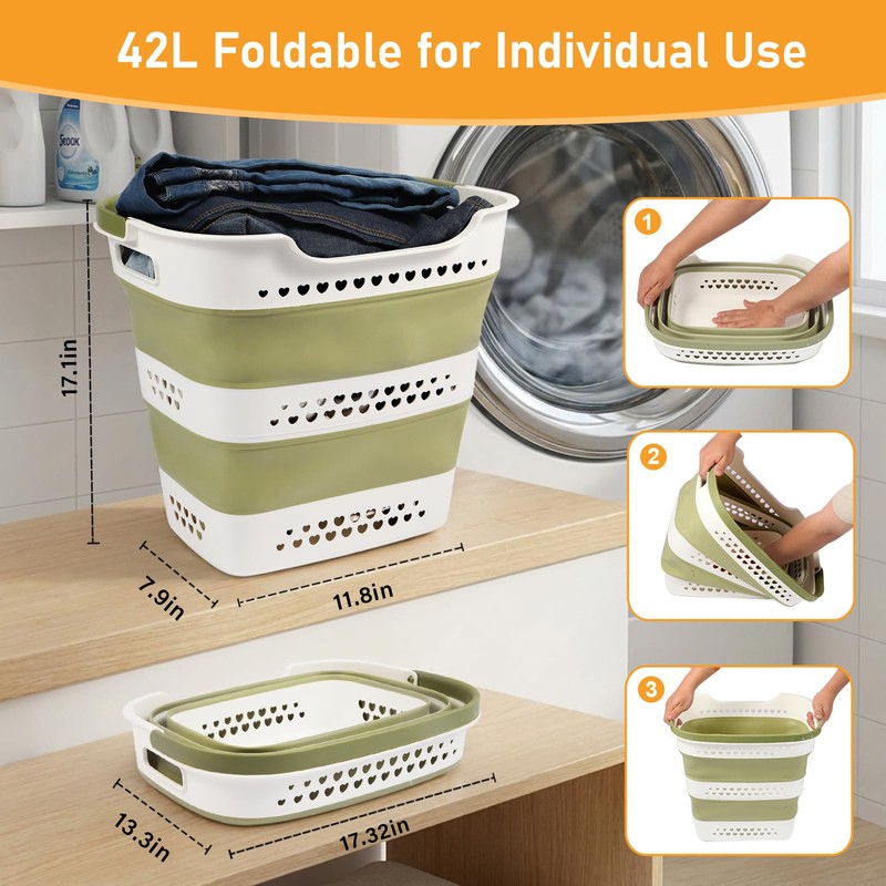 2 Pcs 42L/11.2 Gal Collapsible Laundry Basket - Foldable Plastic
