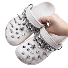 CECOMBINE 28 PCS Goth Charms for Shoe Decoration, Silver Stud Shoe Chain, Removable Shoe Chain & Accessories, Punk Metal Eyelet Upper Charms for Cool Girls & Boys Festival, Party Favors