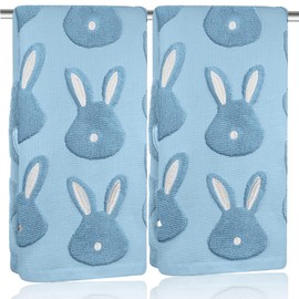 2pcs Easter Bunny Hand Towels Set 100% Cotton Soft Absorbent Spring Bathroom Hand Towels 14x29 Inch Cute Jacquard Easter Kitchen Decor Towels Holiday Kitchen Bathroom Decor Gift(Blue)
