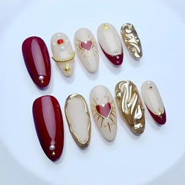 24Pcs Gold Press on Nails Medium Almond French Tip Fake Nails 3D Gold Carved Ripple Line with Star Heart Gems Design Full Cover Glossy Glue on Nails Y2k False Nails for Women Girls Acrylic Nails