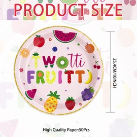 50 Pcs Twotti Frutti Round Plates 10" 400 GSM Large Disposable Heavy Duty Cute Summer Fruits 2nd Birthday Paper Plate Gold Foil Dessert Platters for Girls Strawberry Lemon Two Years Birthday Supplies