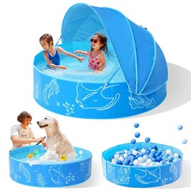 Hikiddy Piscina plegable para niños con dosel: 31.5 pulgadas/47 pulgadas/63 pulgadas para bebés y niños pequeños - Piscina de juegos acuáticos de verano con sombra - portátil para patio trasero al aire libre playa (azul-azul, 47 pulgadas)