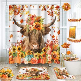 ArtSocket Highland Cow Bull Pumpkin Floral Bathroom Set with Shower Curtain and Rug and Accessories, Sunflower Vintage Fall Shower Curtain Set for Bathroom Decor 4 Pcs