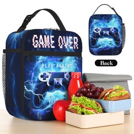 QuillGlyph Gamepad Lunch Bag Kids Insulated Lunch Box for Boys Girls Fire Video Game Lunch Bag Reusable Lunch Box With Adjustable Shoulder for School Work Office Travel Picnic Hiking Beach