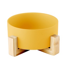 MATCHI Plato De Cerámica Comedero, Bebedro para Perros Y Gatos con Base De Bambú (Amarillo)