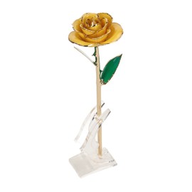 24K Gold Plated Rose Gold Dipped Rose Decoration Real Rose Gold Plated Ornament with Stand for Wedding Birthday Yellow