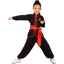 YEMYIQZ Kids Kung Fu Clothing Traditional Tai Chi Uniforms for Boys Girls Chinese Martial Art Wing Chun Long Sleeve Tang Suit (US, Alpha, Small, Regular, Black)