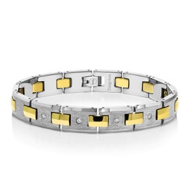 Gem Stone King Men’s Diamond Tungsten Bracelet with Shiny Gold Plated Connector Links (0.12 Cttw, 8.50 Inches in Length with Safety Clasp)