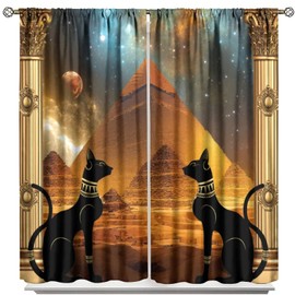 Mysterious Egyptian Window Curtains,Ancient Egyptian Black Cat with Precious Stones Mythology Pyramid Blackout Drapes,Dreamy Starry Sky Moon Print Curtains for Living Room Bedroom 42x54 Inch