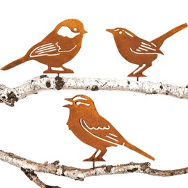 JYUECIAN Birds Garden Stake Rust Decorative Garden Decoration for Outdoors, Patina Metal Birds Rust Stake Tree Stake - Titit, Wren, House Sparrow
