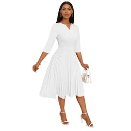 CLOCOR Midi Dresses for Women Fit and Flare A-Line Pleated Dress 3/4 Sleeve V Neck Church Cocktail Wedding Guest Dress White XL