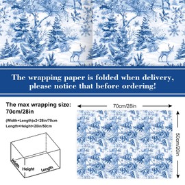 JarThenaAMCS 8 Sheet Christmas Wrapping Paper -Not Roll- Chinoiserie Woodland Gift Wrap Paper Folded Flat Blue Xmas Winter Craft Paper For Holiday Party, 19.7 x 27.6 Inch
