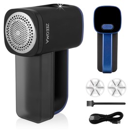 ZEEGMA LINTEE Black Fabric Shaver – 5W Lint Remover with LED Light, LCD Display, 3 Speeds, USB-C Rechargeable, 2 Blade Sets, Velvet Travel Bag – Removes Lint, Bobbles, Pet Hair from Clothes, Upholster
