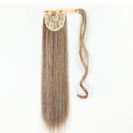 Straight Ponytail Extension, 22Inch Long Drawstring Straight Hair Extensions Natural Soft Synthetic Pony Tail Hairpiece for Women Girls (12H613 Medium Brown Mixing Blond）