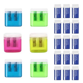 21-Piece Sharpener Set with Tin and Sharpener with Container Set Including 6 Sharpeners (Mixed Colours) + 15 Erasers