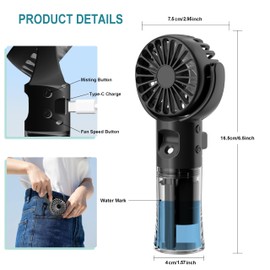 Frelisiy Handheld Fan Misting Hand Held Fan Rechargeable Battery Operated Portable 4 Speeds & 55ml Spray & 360° Foldable USB Personal Water Fan for Travel Camping Outdoor(Black)