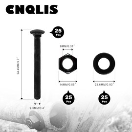 CNQLIS Carriage Bolt Kit, 3/8 x3-1/2 Inch Black Rustproof Carriage Bolts, Includes rustproof washers and Nuts for Fastening Fittings(25Pcs)