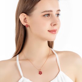 EVEVIC Dainty Flower Pendant Necklace Earrings for Women 14K Gold Plated Hypoallergenic Jewelry Sets (Red/Rose Gold-tone)