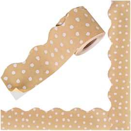 JarThenaAMCS 66Ft Dots Bulletin Board Border Back to School White Polka Dots Kraft Paper Classroom Borders Neutral Rustic Self Adhesive Scalloped Trim Border Stickers Roll for Office Home Party Decor