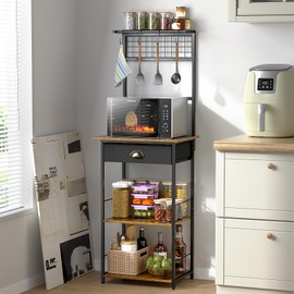 5 Tier Coffee Bar Station with Drawer, Kitchen Stand with 4 S-Shaped Hooks, Farmhouse Corner Coffee Bar Cabinet for Small Spaces, Bakers Rack for Kitchen, Living Room, 13.43" D x 18.93" W x 53.31" H