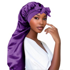 Adorila - Capó de satén extra largo para mujer, gorro trenzado ajustable con banda de corbata, capó de seda elástica de doble capa para trenzas, gorro de dormir (morado), Púrpura, Talla única