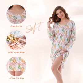 Keytime Nightgowns for Women, Women's Sleepwear Lightweight Cotton Nightdress, Crew Neck Sleepshirt Long Sleeve Loose Fit Green and Yellow