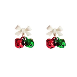 White Bow Jingle Bell Green Red Stud Small Dangle Drop Earrings for Women Cute Sterling Silver Post Tinkle Bell Ribbon Bowknot Christmas Studs Hypoallergenic Fashion Jewelry Party Holiday Decoration Gift Daughter Her