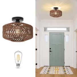 Jobtical Boho Rattan Light Fixtures, Dimmable Ceiling Light with LED Bulb, Hand Woven Rattan Chandelier for Bedroom, Living Room, Entryway (Dark Brown)
